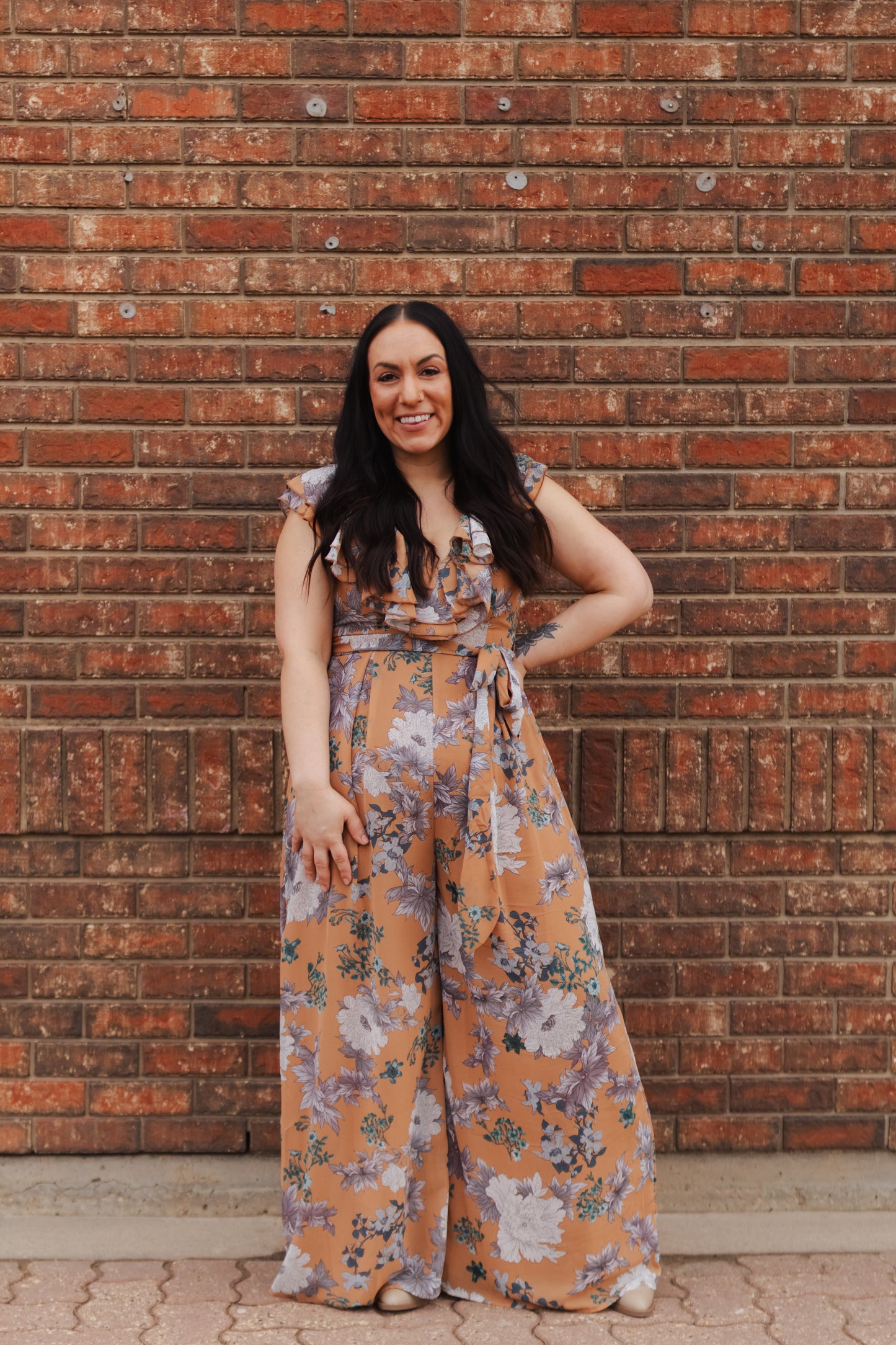 Tabitha Floral Print Ruffle Front Jump-Suit