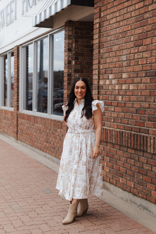 Celene Ruffle Sleeve Button Down Midi Dress