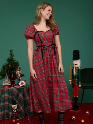 Lacy Plaid Puff Sleeve Midi Dress