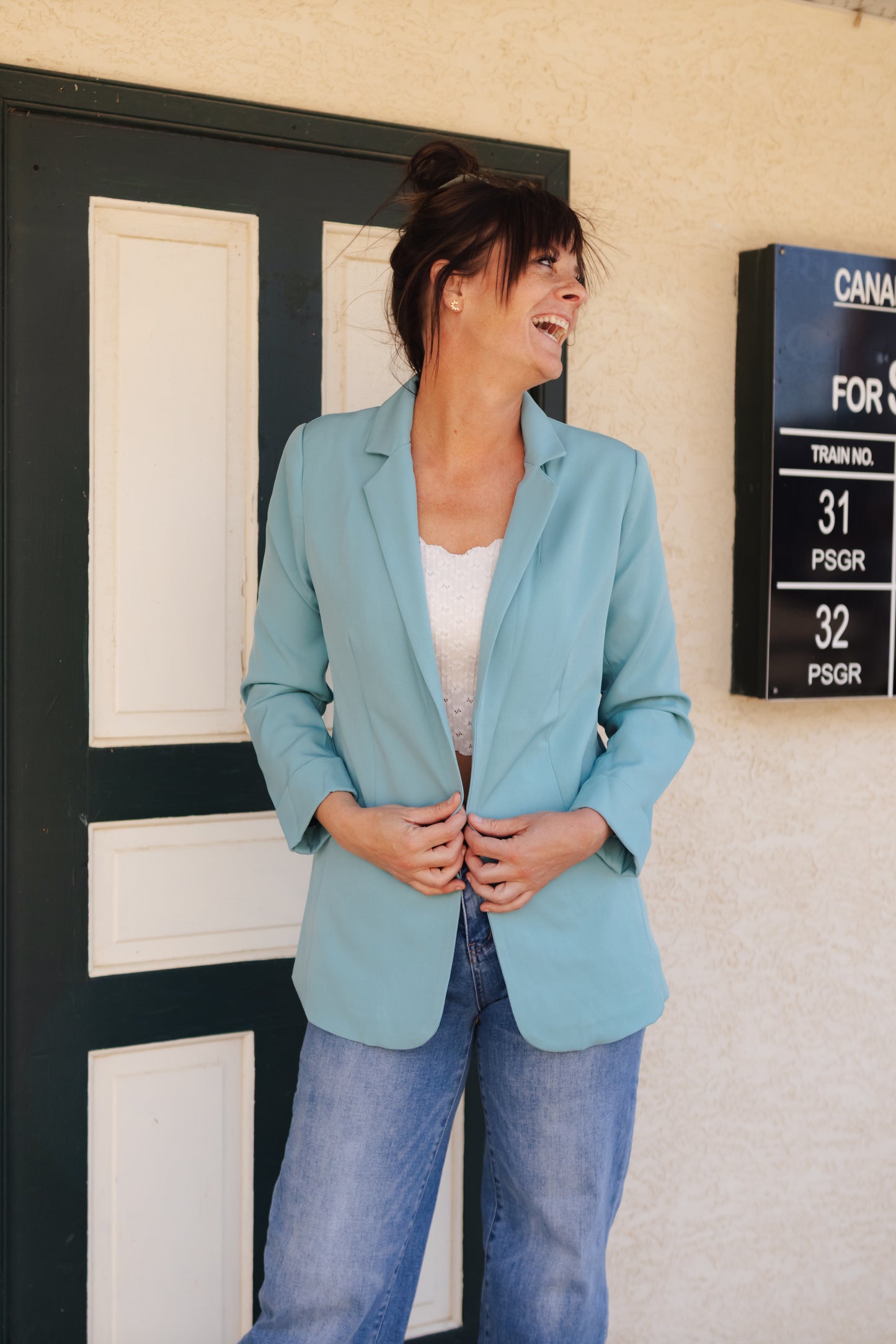 Bella Long Sleeve Blazer- Dusty Blue