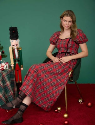 Lacy Plaid Puff Sleeve Midi Dress