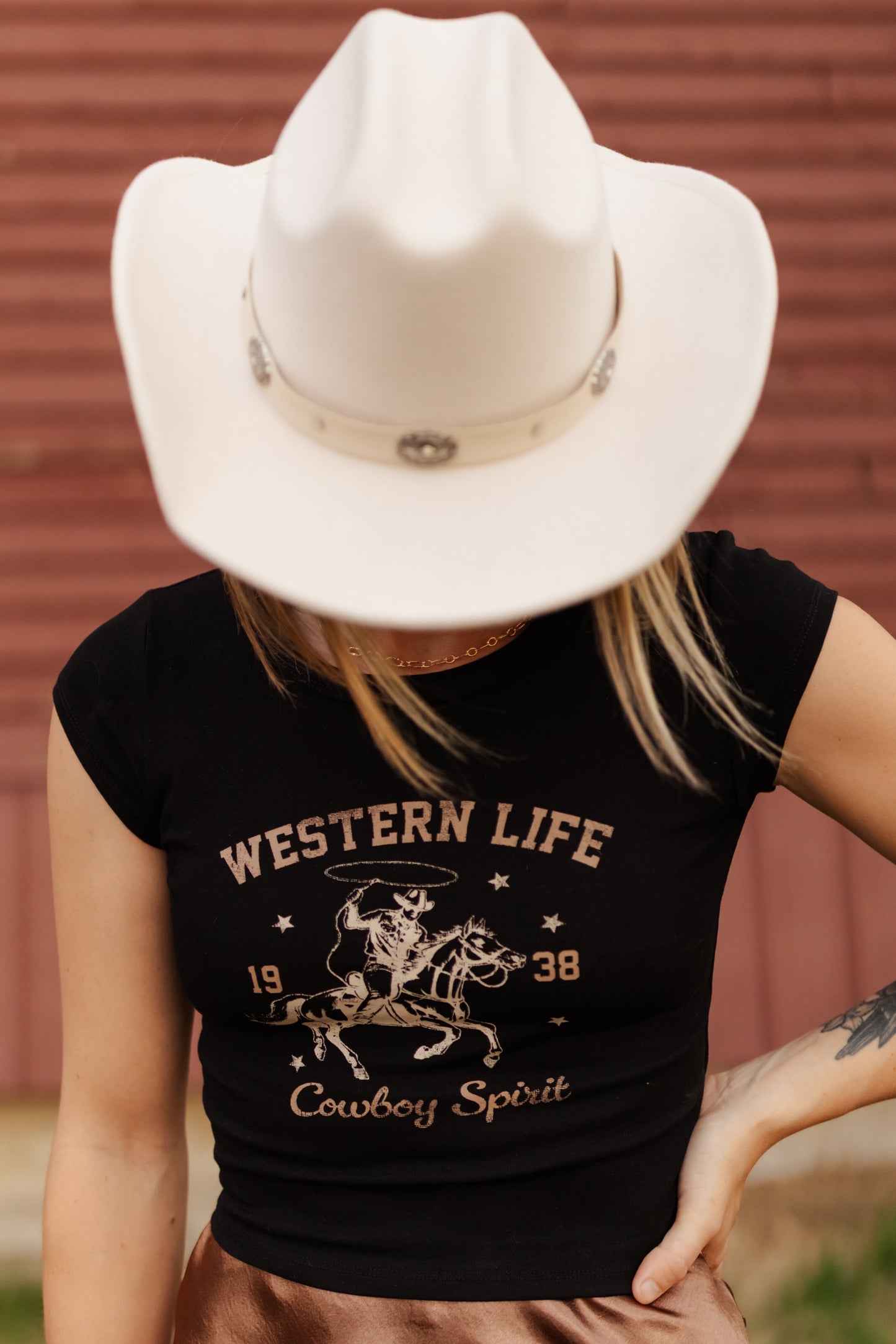 Patsy Western Life Graphic Short Sleeve Knit Crop Top - Black