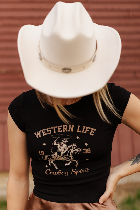 Patsy Western Life Graphic Short Sleeve Knit Crop Top - Black