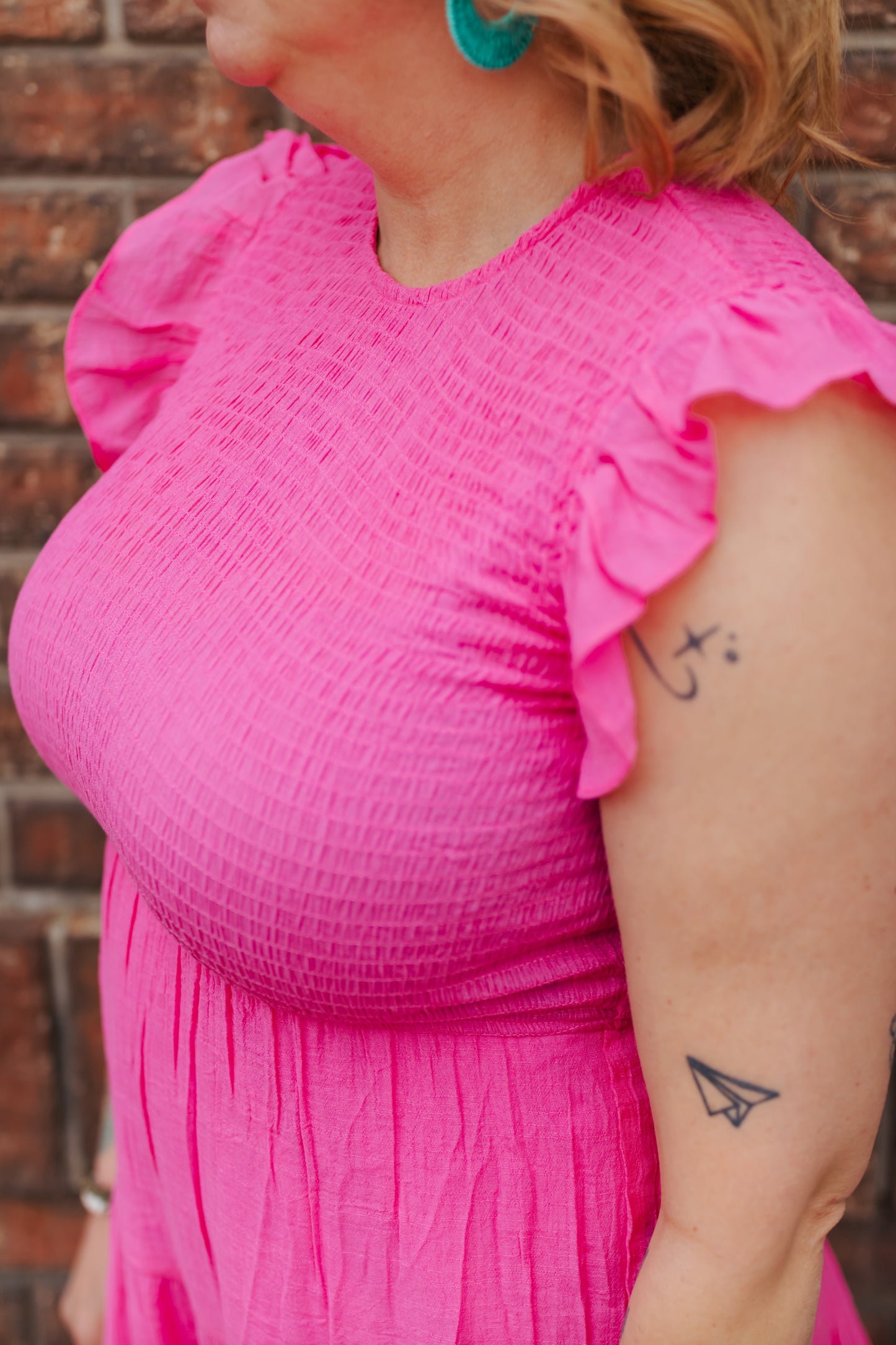Ruffle Sleeve Smocked Midi Dress - Fuchsia