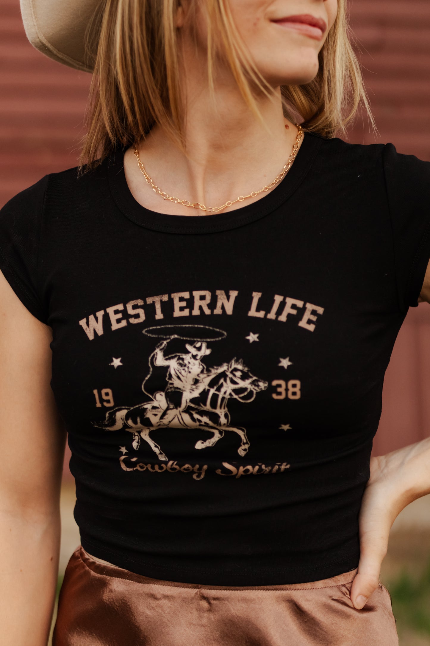 Patsy Western Life Graphic Short Sleeve Knit Crop Top - Black