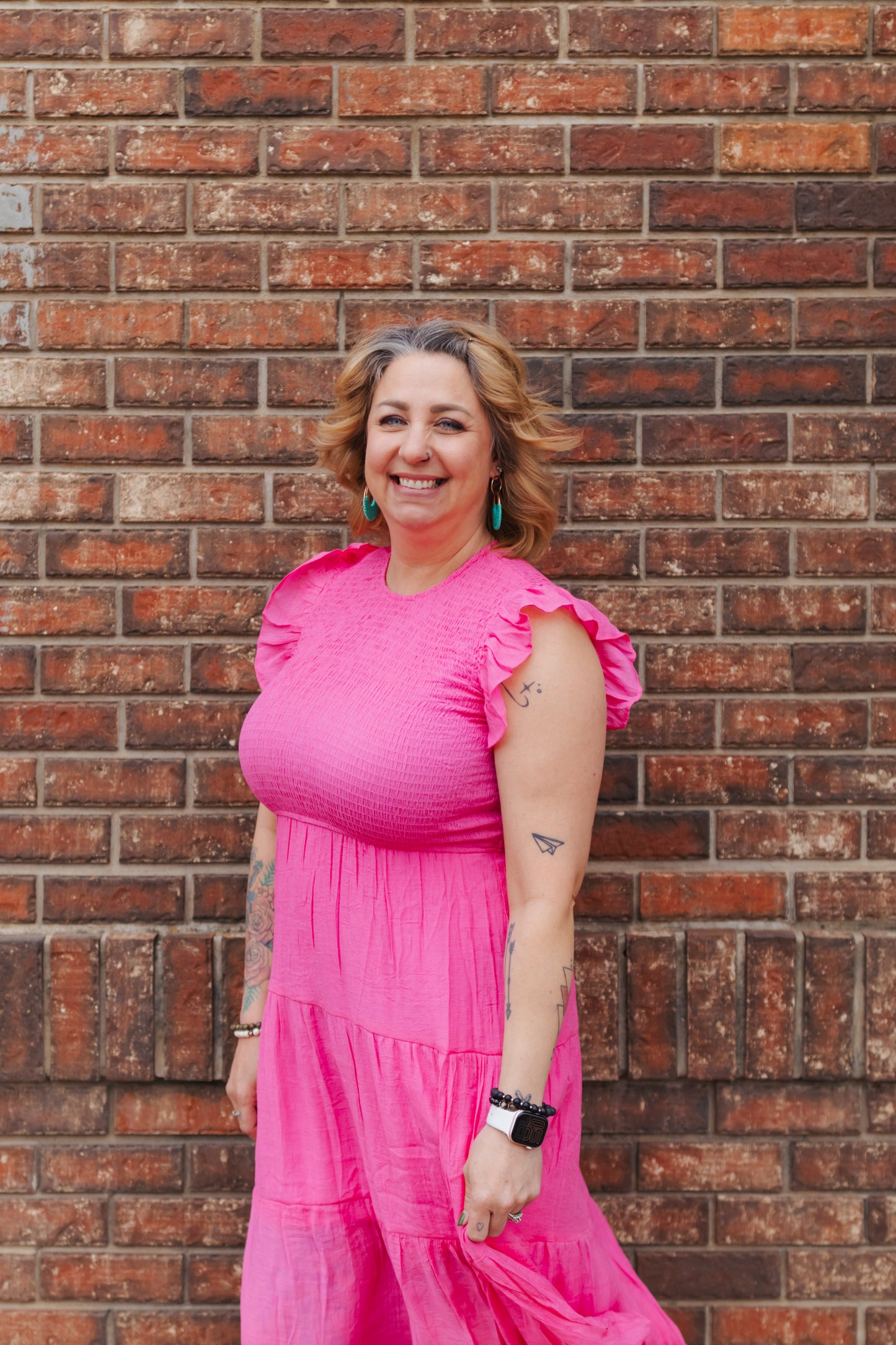 Ruffle Sleeve Smocked Midi Dress - Fuchsia