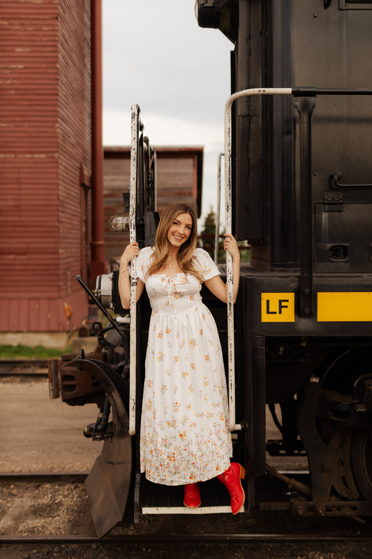 Jasmine Falling Floral Puff Sleeve Corset Midi Dress
