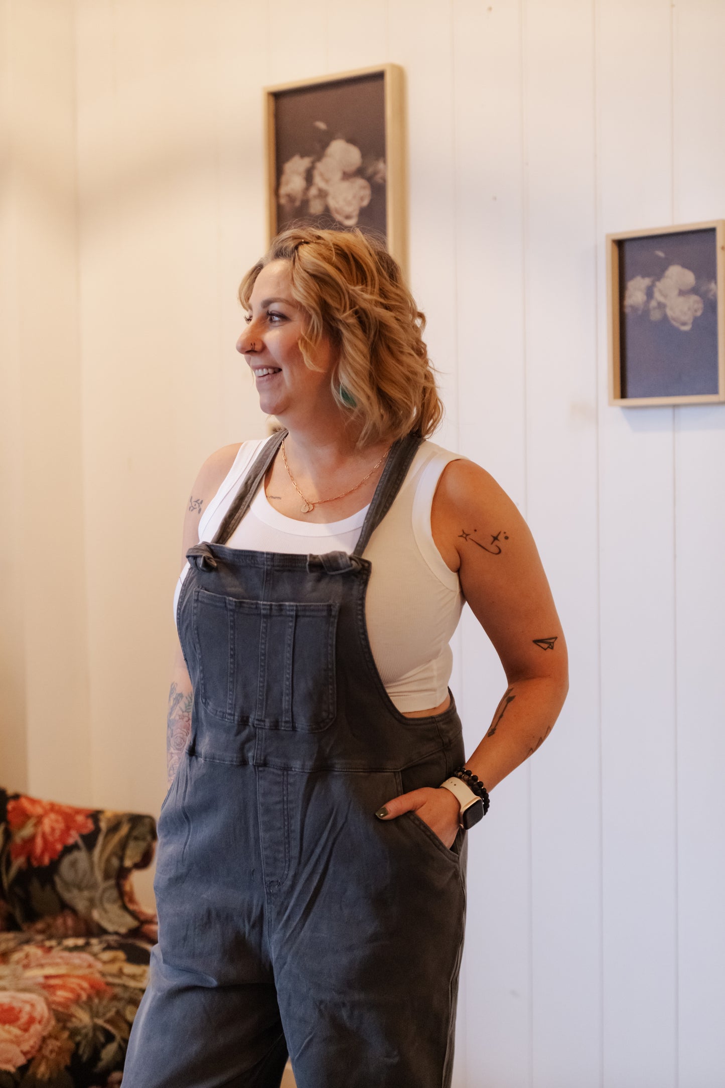 Trista Knot Strap Washed Overalls - Ash Black