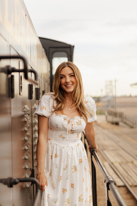 Jasmine Falling Floral Puff Sleeve Corset Midi Dress