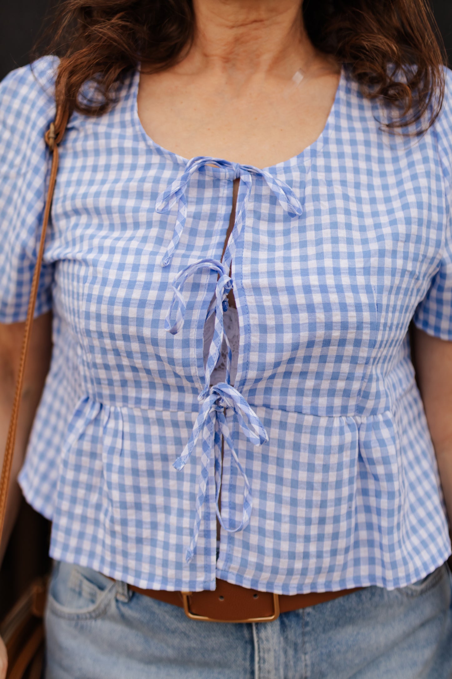 Shannon Short Sleeve Round Neck with Tie Detail Check Woven Top - Blue