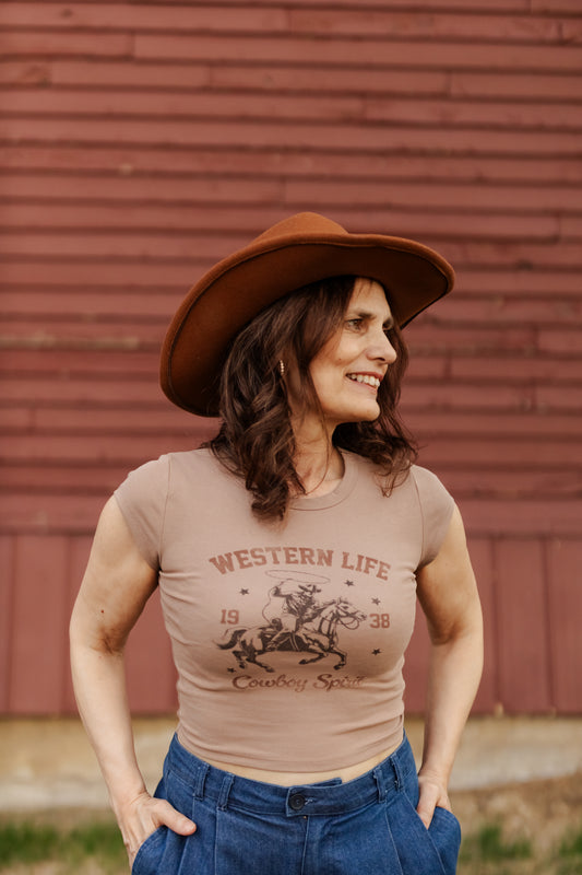 Patsy Western Life Graphic Short Sleeve Knit Crop Top - Taupe