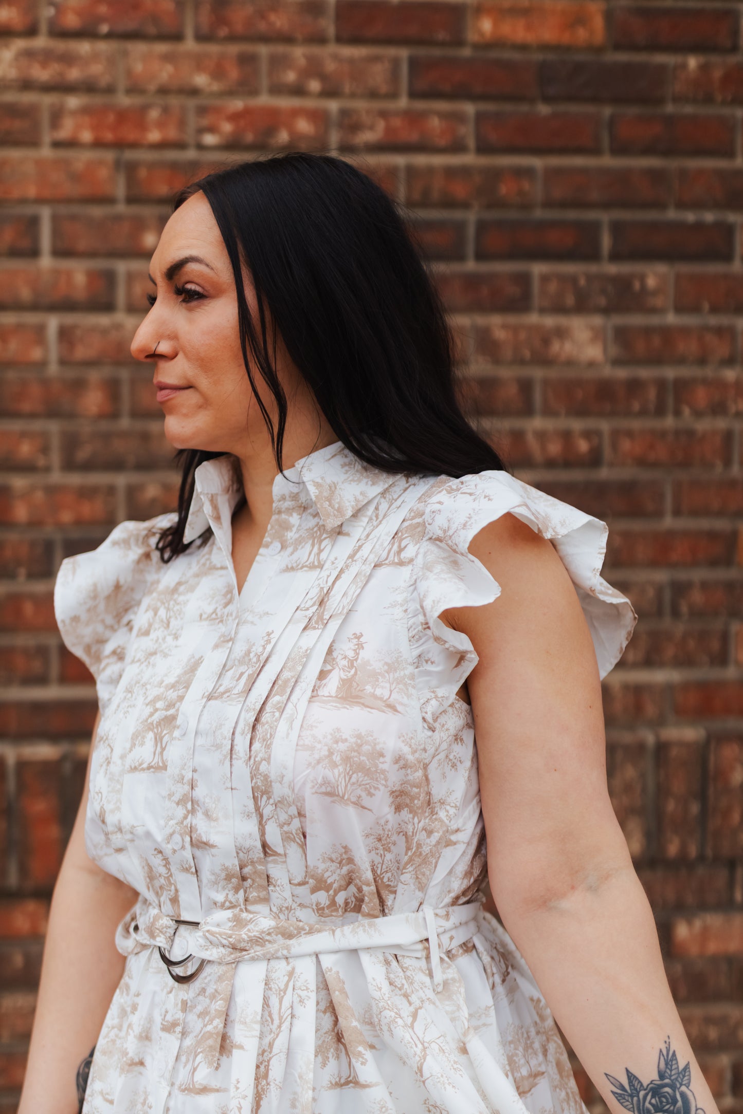 Celene Ruffle Sleeve Button Down Midi Dress