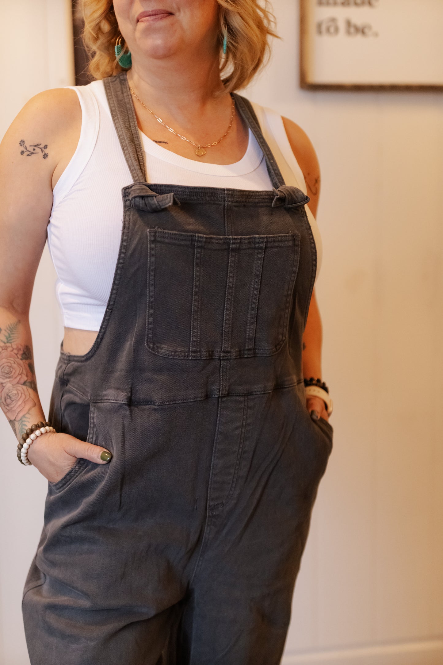 Trista Knot Strap Washed Overalls - Ash Black