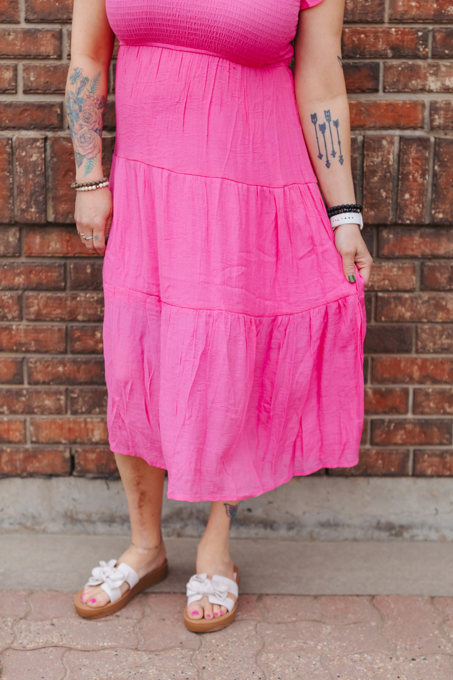 Ruffle Sleeve Smocked Midi Dress - Fuchsia
