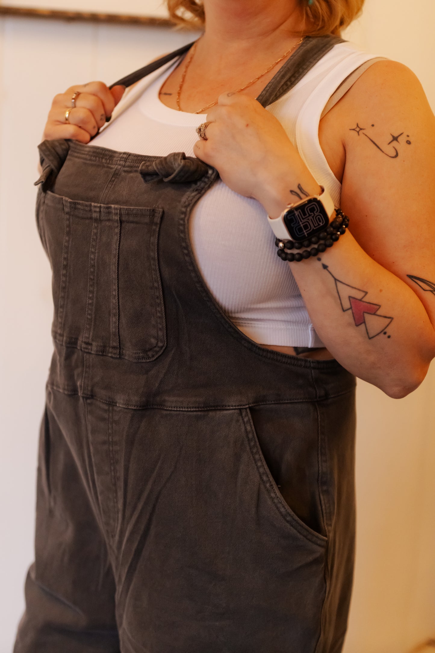Trista Knot Strap Washed Overalls - Ash Black