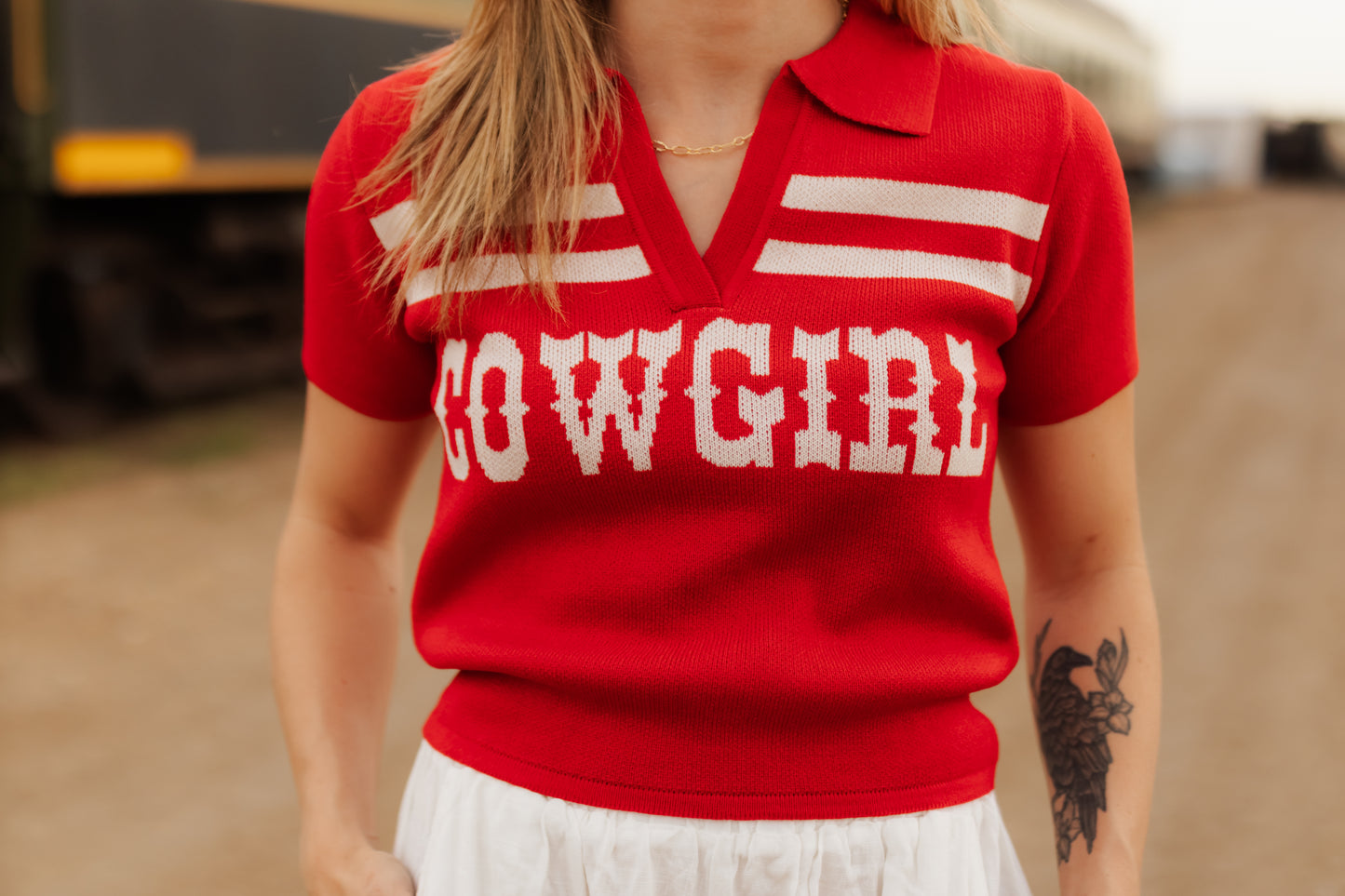 Shania Jacquard Front Short Sleeve Polo Knit Top- Red