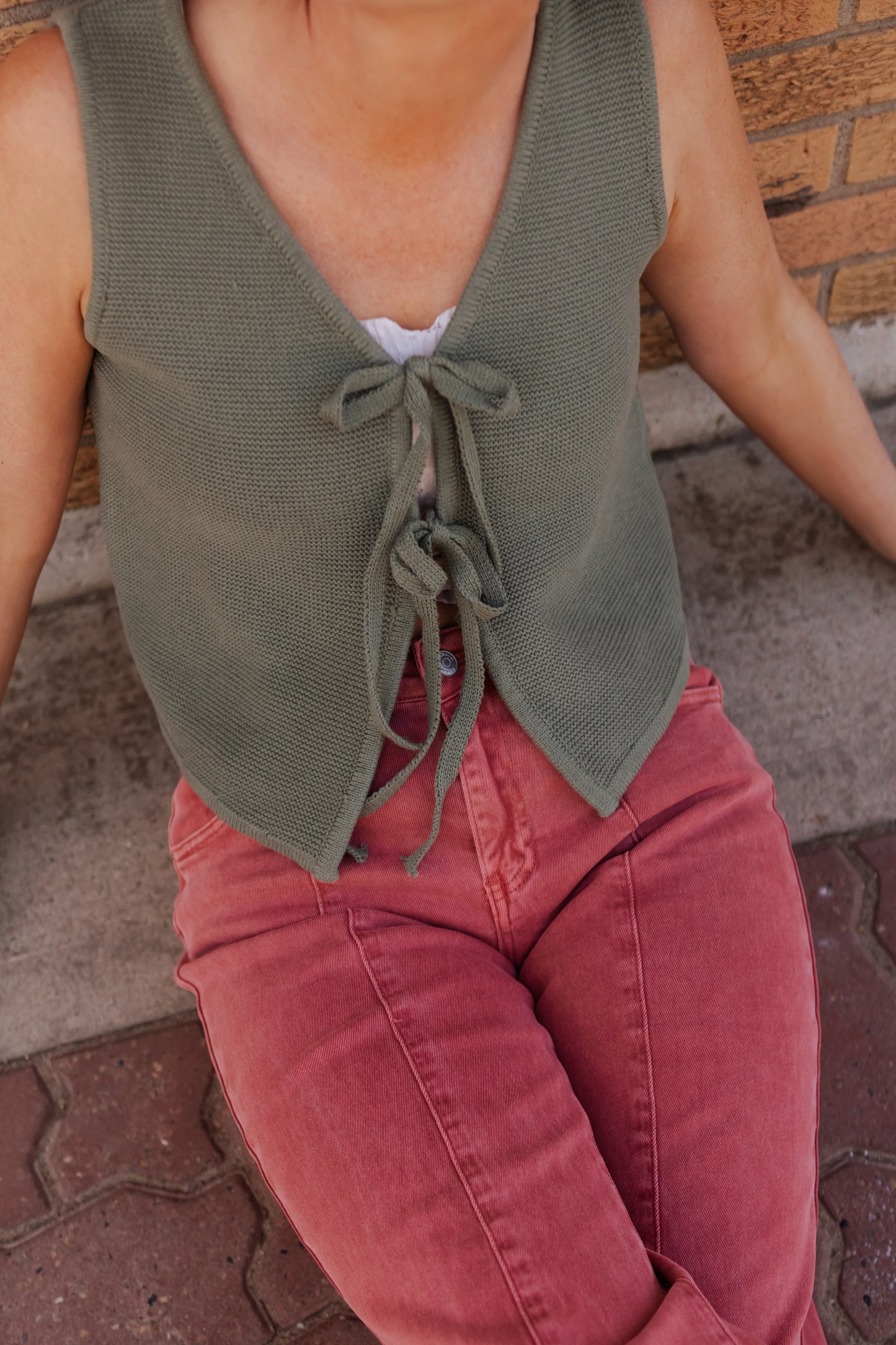 Dorothy Tie Front Knit Vest  - Olive