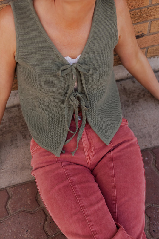Dorothy Tie Front Knit Vest  - Olive