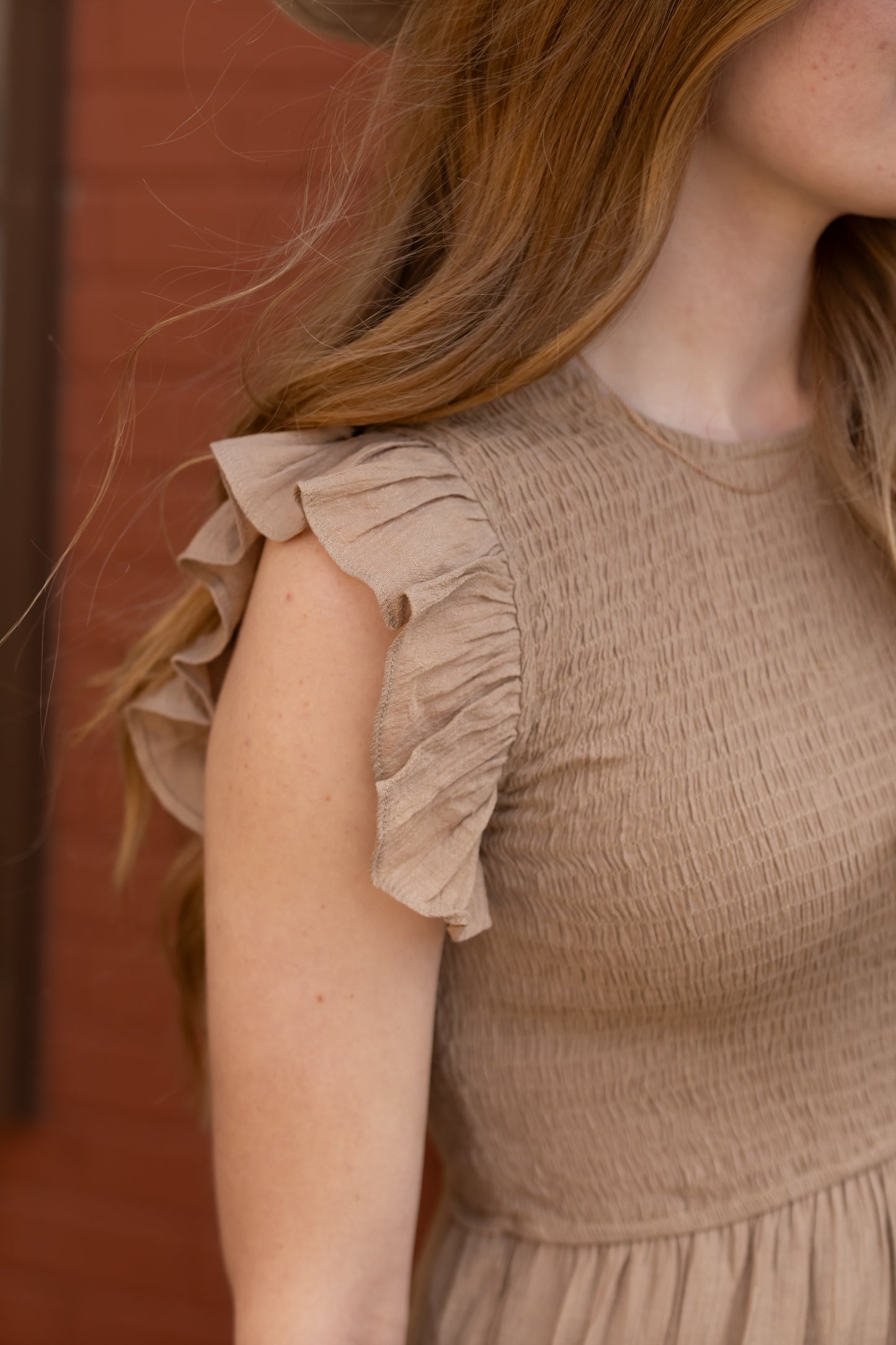 Ruffle Sleeve Smocked Midi Dress - LT Mocha