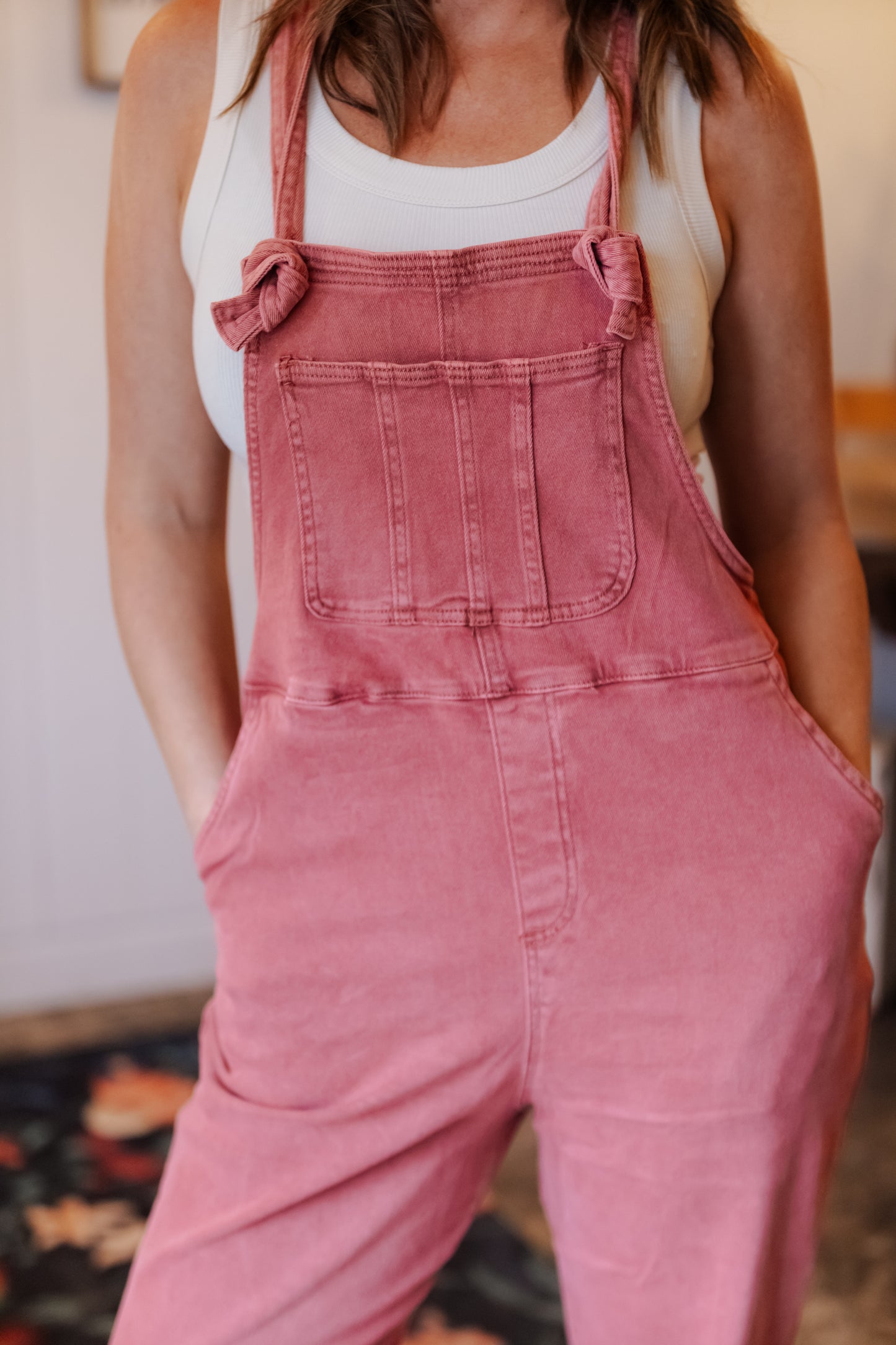 Trista Knot Strap Washed Overalls - Cabernet