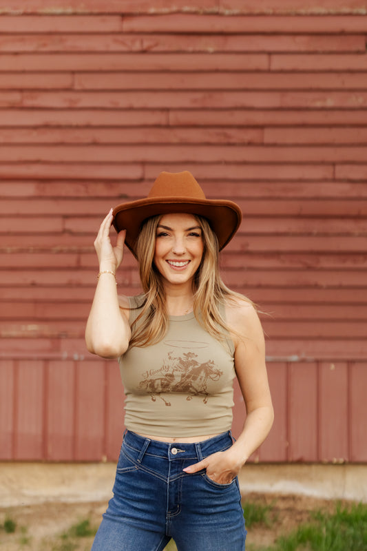 Pamela Western Print Sleeveless Knit Crop Top - Olive