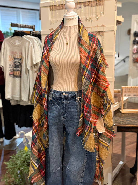 Frayed Flannel Blanket Scarf- Khaki