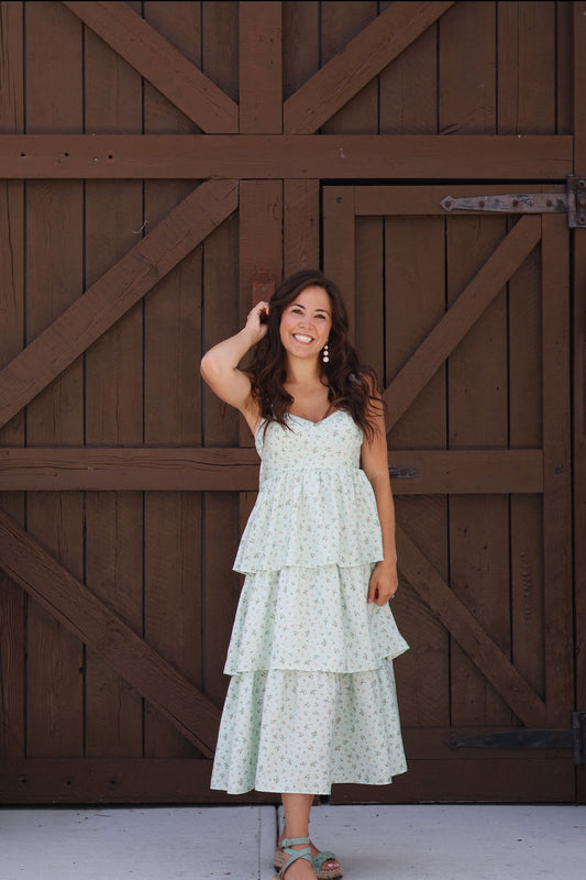Emmy Floral Ruffle Midi Dress - Sage