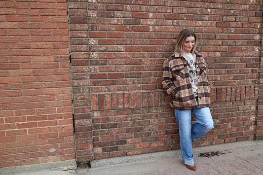 Long Sleeve Inside Faux Fur Brushed Plaid Jacket - K