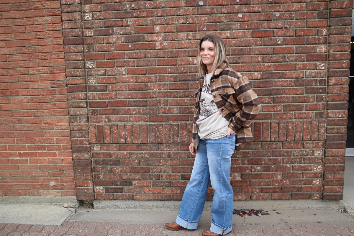 Long Sleeve Inside Faux Fur Brushed Plaid Jacket - K