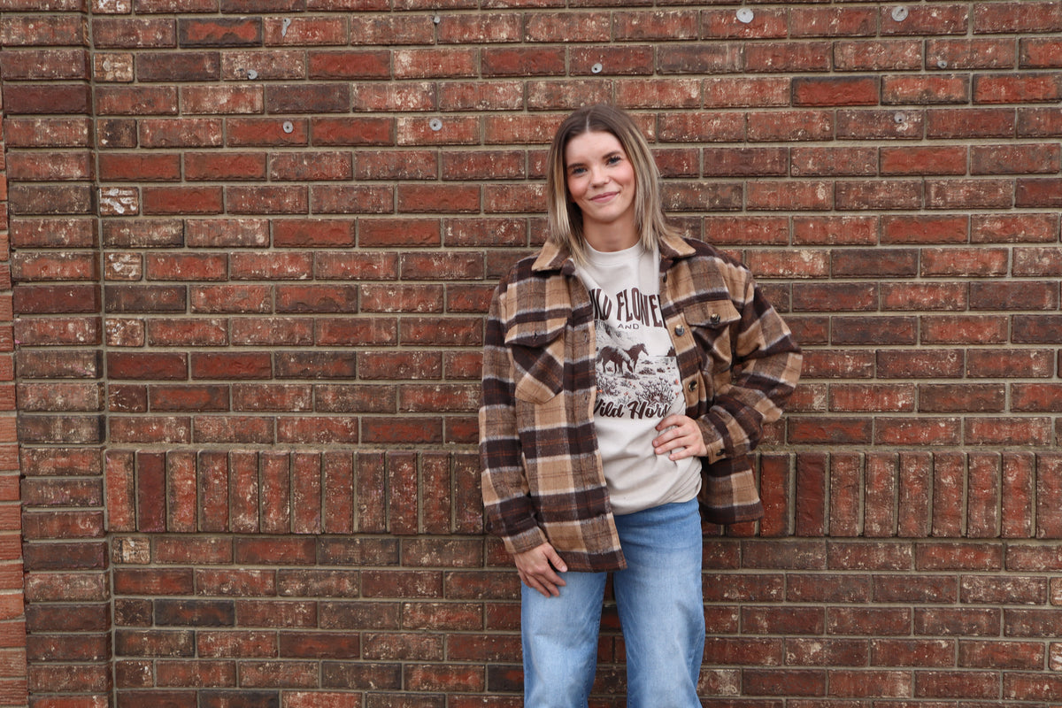 Long Sleeve Inside Faux Fur Brushed Plaid Jacket - K