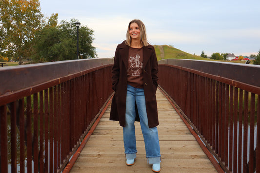 Long Sleeve A-Line Long Coat - Brown