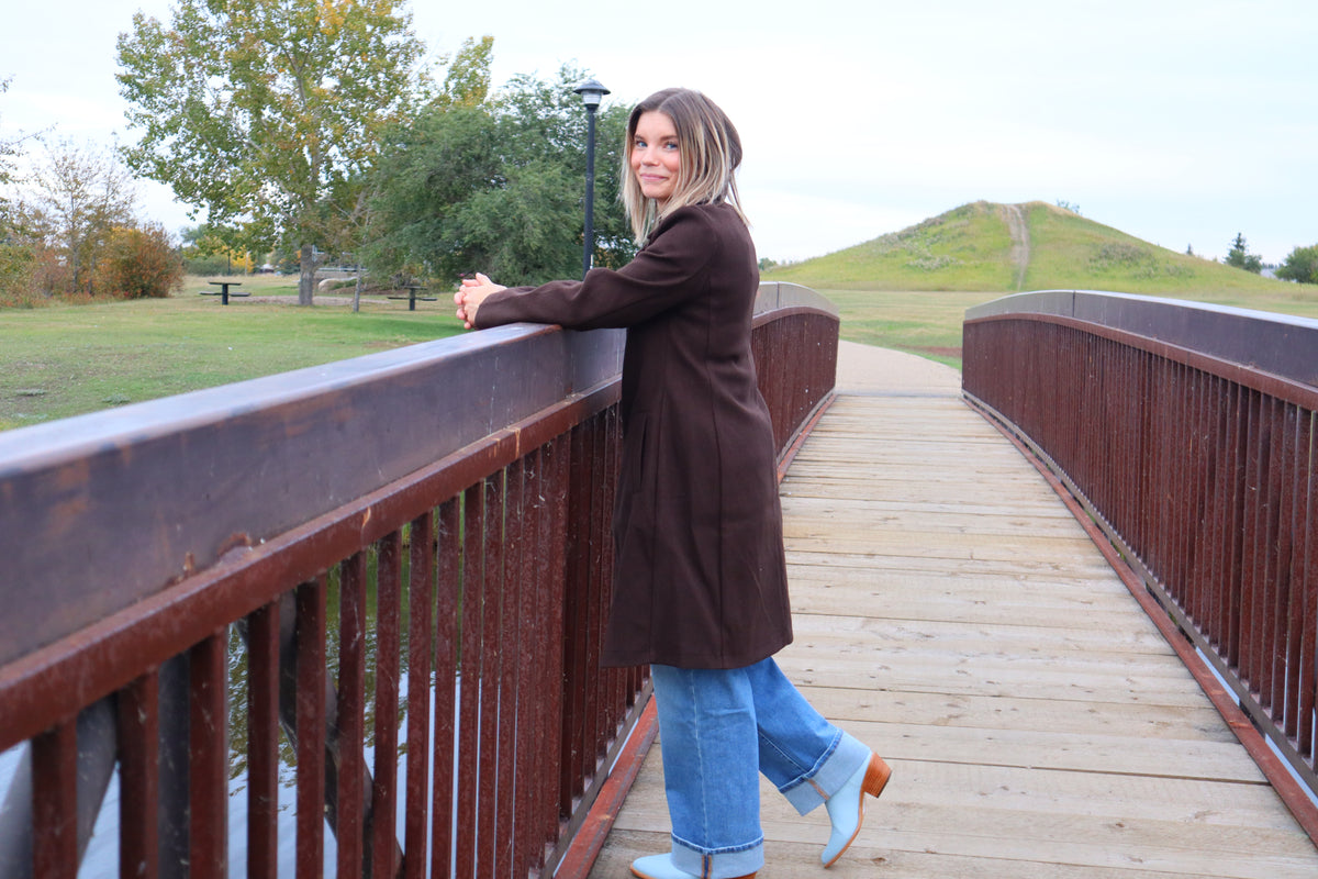Long Sleeve A-Line Long Coat - Brown