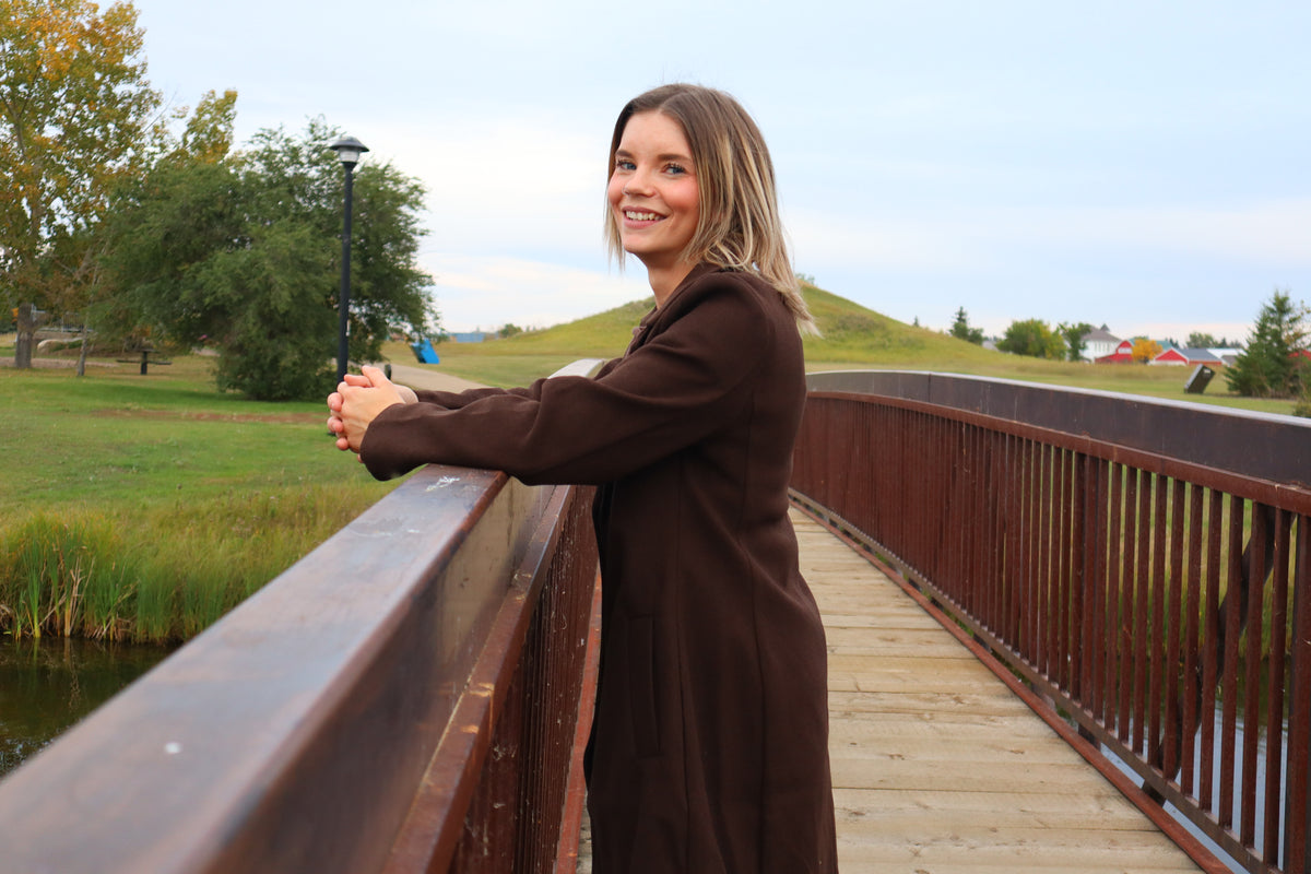 Long Sleeve A-Line Long Coat - Brown