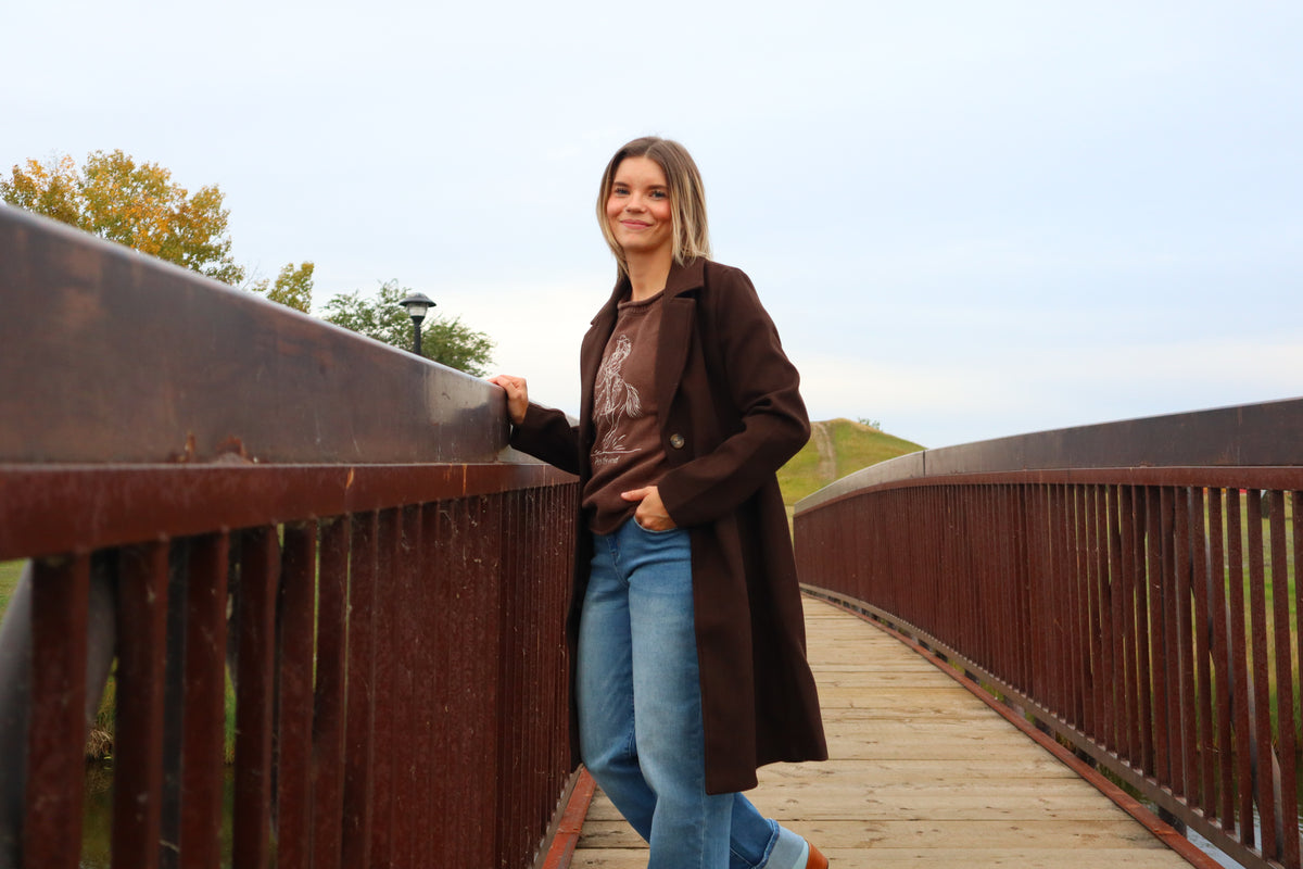 Long Sleeve A-Line Long Coat - Brown