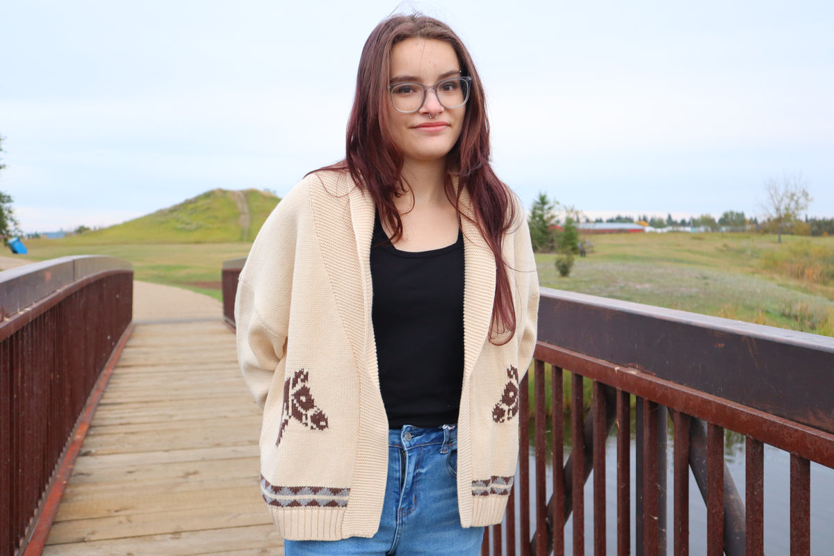 Shawl Collar Western Jacquard Cardigan - Beige