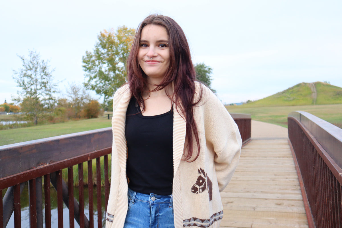 Shawl Collar Western Jacquard Cardigan - Beige