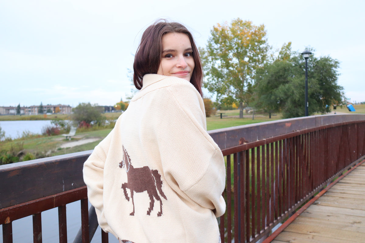 Shawl Collar Western Jacquard Cardigan - Beige
