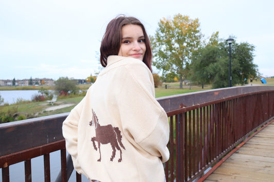 Shawl Collar Western Jacquard Cardigan - Beige