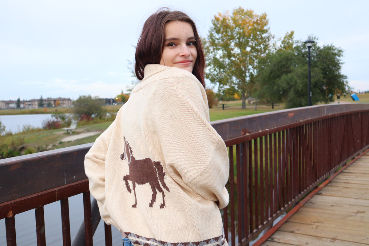 Shawl Collar Western Jacquard Cardigan - Beige