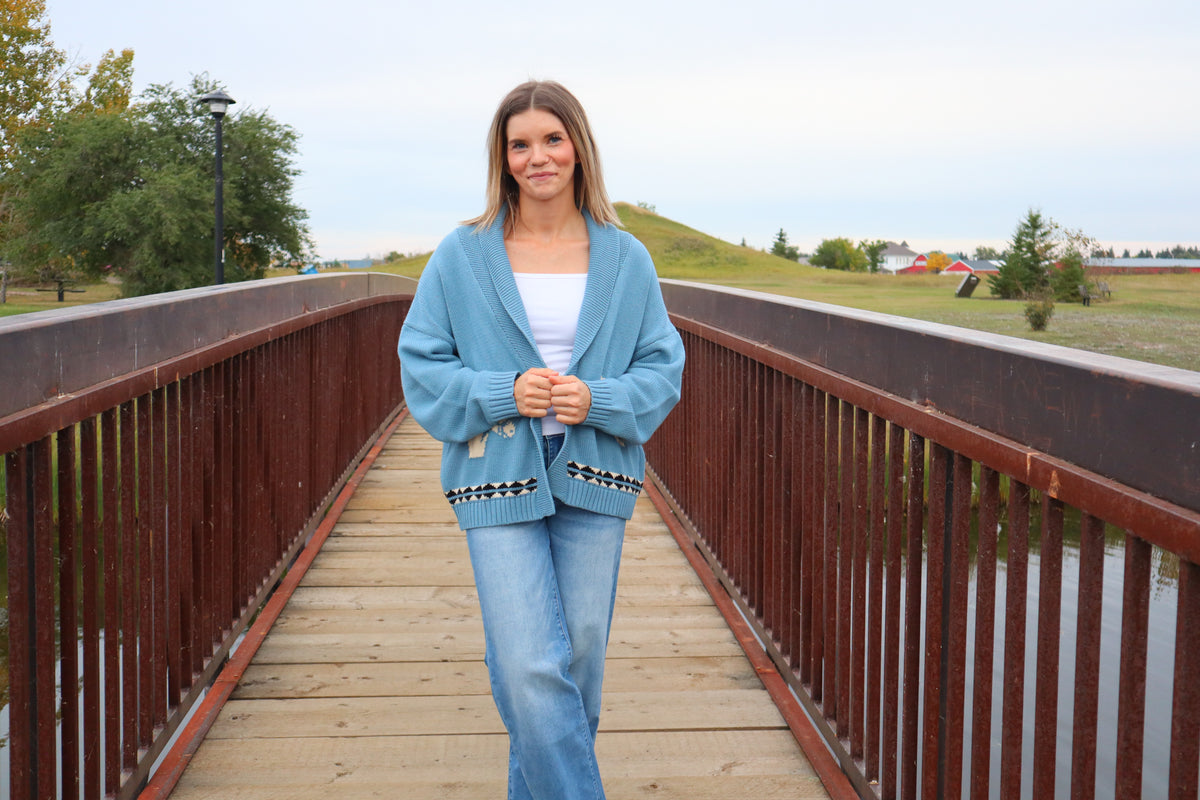 Shawl Collar Western Jacquard Cardigan - Blue