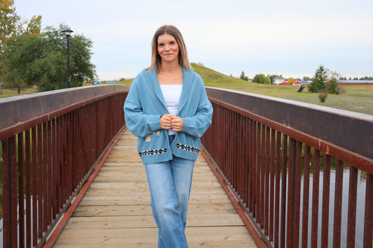 Shawl Collar Western Jacquard Cardigan - Blue