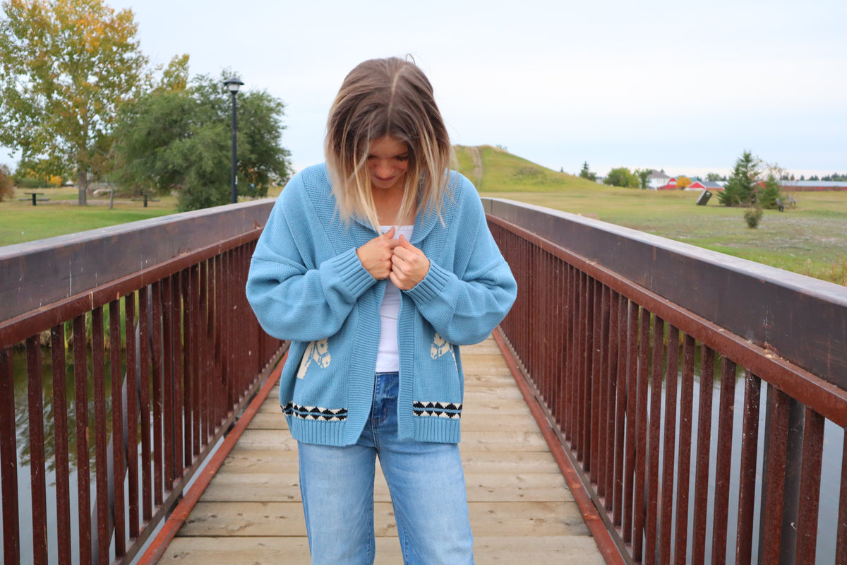 Shawl Collar Western Jacquard Cardigan - Blue