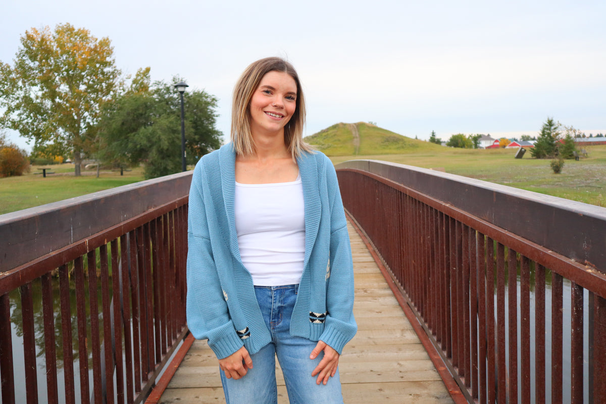 Shawl Collar Western Jacquard Cardigan - Blue