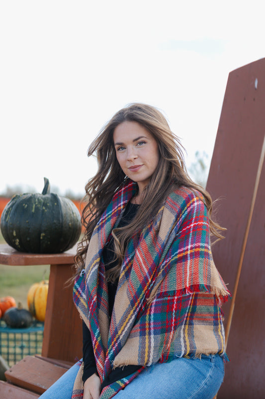 Frayed Flannel Blanket Scarf- Khaki
