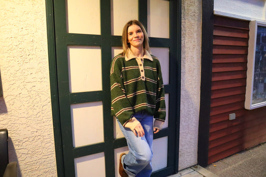 Contrast Collar Stripe Polo Fuzzy Knit Sweater
