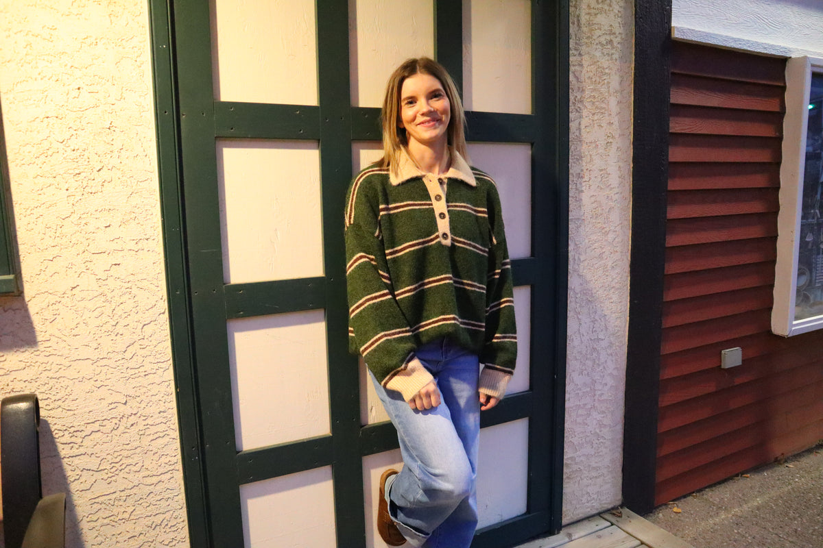 Contrast Collar Stripe Polo Fuzzy Knit Sweater