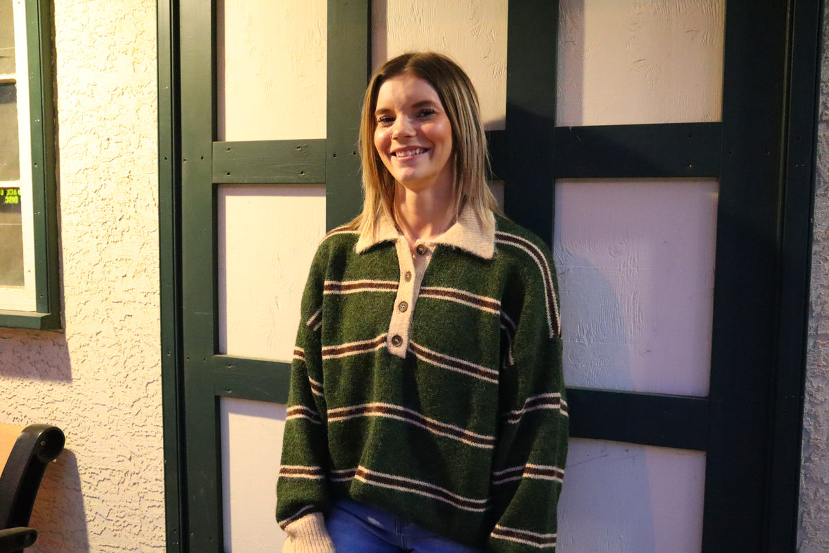 Contrast Collar Stripe Polo Fuzzy Knit Sweater