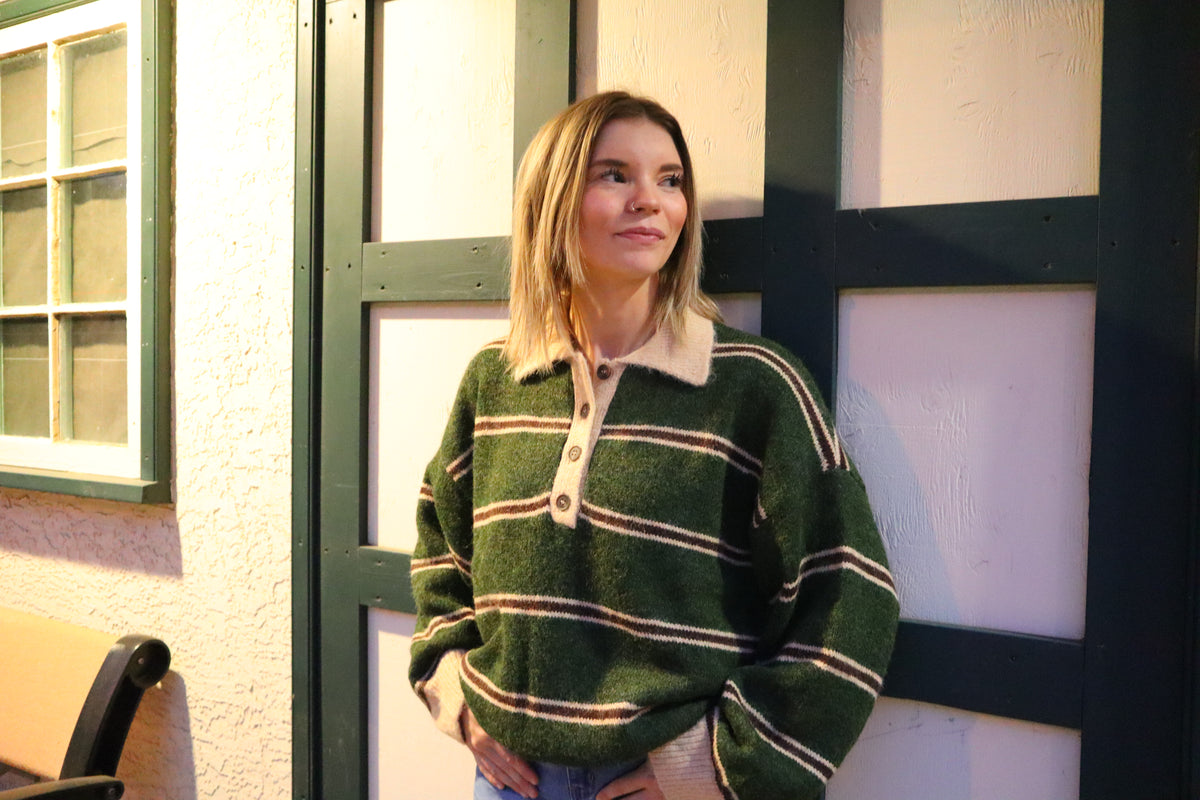 Contrast Collar Stripe Polo Fuzzy Knit Sweater