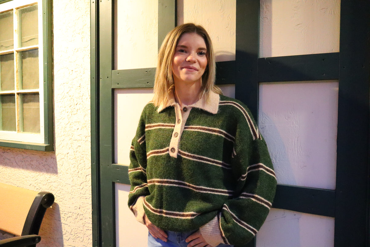 Contrast Collar Stripe Polo Fuzzy Knit Sweater