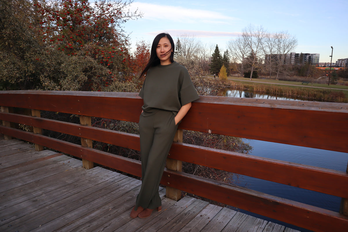 Ribbed Wide Leg Pant - Olive